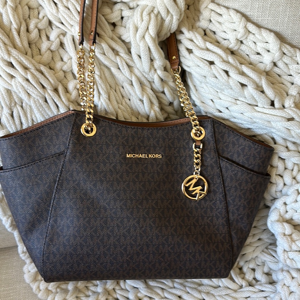 Michael Kors X Chain Shoulder Tote Bag Chocolate Brown Leather